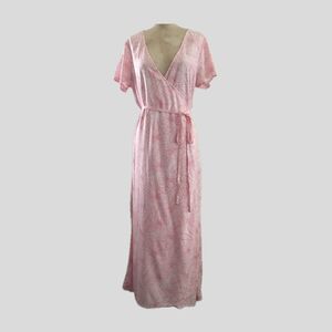 Honolua Surf Co Pink Floral Short Sleeve V Neck Long Maxi Wrap Dress L
